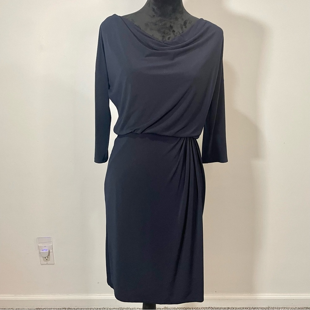 Evan Picone Blue Sheath Dress with Cowl Neck and 3/4 Dolman Sleeves